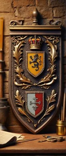 Medieval-inspired house crest maker, skilled artisan, standing, workshop, wooden desk, various crafting tools, scrolls, quills, inkpots, paper sheets, intricate designs, golden paint, ornate frames, c