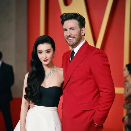 oscars,beautiful couple,singer and actress,couple goal,mom and dad,movie premiere,husband and wife,wife and husband,the suit,red background,red carpet,man in red dress,chinese icons,chris evans,vintage man and woman,premiere,red gown,rou jia mo,great wall wingle,suit actor