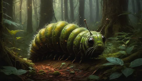 Explore the mysterious origins of the Caterpillar while wandering through a mystical forest.,forest animal,forest dragon,millipedes,forest beetle,fallen acorn,waxworm,trilobite,forest anemone,caterpil