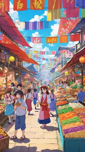 fruit market,shopping street,the market,market,marketplace,studio ghibli,watercolor shops,hanbok,vegetable market,large market,colorful city,souk,farmer's market,anime japanese clothing,spice market,vendors,grocery,farmers market,covered market,street scene,Illustration,Japanese style,Japanese Style 03