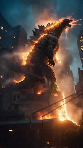 a massive Godzilla, unleashing beams of light from its mouth to attack the city, causing fires and destroying buildings everywhere.",godzilla,fire breathing dragon,dragon of earth,dragon fire,dragon,w