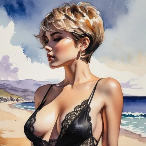 watercolor pin up,mcginnis,donsky,whitmore,palmiotti,beach background,struzan,manara,blonde woman,selina,beach scenery,beachwear,burkinabes,spiegle,beachgoer,viveros,watercolor,hoshihananomia,pinu,on the shore,Illustration,Paper based,Paper Based 25