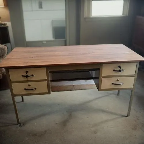 a desk with three drawers is in a room,wooden desk,writing desk,small table,desk,school desk,drawer,a drawer,coffee table,dressing table,drawers,desks,danish furniture,baby changing chest of drawers,w