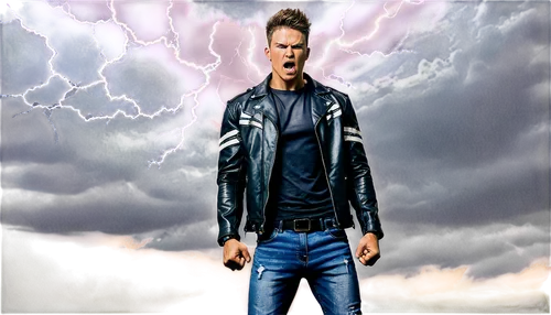 Dramatic scene, thunderstorm, dark clouds, lightning flash, powerful male, muscular body, angry facial expression, clenched fists, strong posture, short hair, intense eyes, ripped jeans, black leather