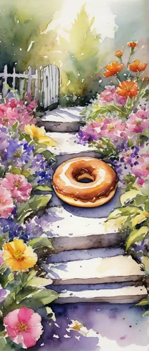 donut illustration,donut drawing,donut,watercolor background,baumkuchen,spring background,flower background,spiral background,doughnut,donuts,round autumn frame,springform pan,spring pancake,springtime background,flower painting,doughnuts,japanese floral background,sakura background,watercolor floral background,anemone hupehensis september charm,Illustration,Paper based,Paper Based 03