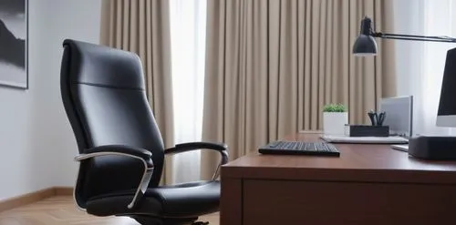 an office desk with a computer on it and a chair,blur office background,office chair,furnished office,office desk,modern office,polycom,Photography,General,Realistic