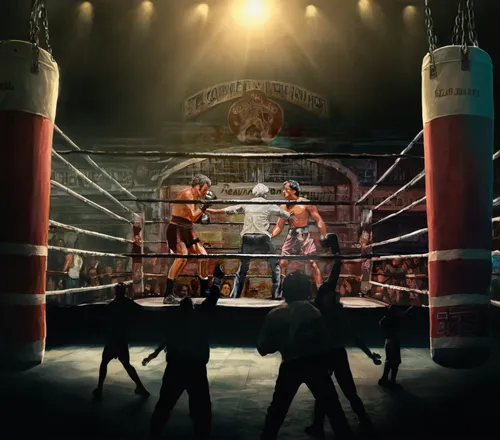 painting: 2 Boxers stands opposite ech other in a boxing ring inside a run down club, twilight, dirty and grimey atmosphere,striking combat sports,boxing ring,chess boxing,combat sport,professional bo