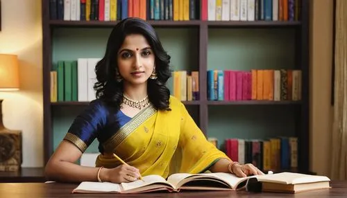 Modern Indian living room, Mumbai style interior design course, elegant lady, 30s, fair skin, sleek black hair, subtle makeup, wearing a yellow saree, holding a pencil, standing near a desk, surrounde