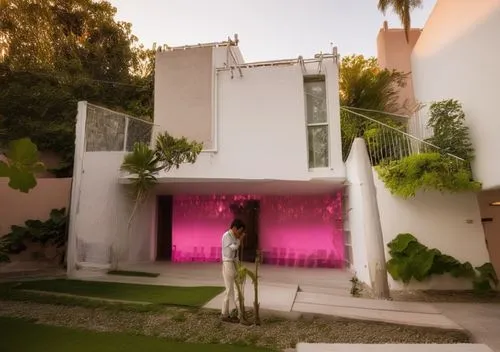 Diseño de casa estilo mínimalista, USANDO MUROS BLANCOS, CON UN ELEMENTO EN COLOR ROSA MEXICANO, fusionando elementos de la arquitectura del arquitecto Luis barragan, ubicada en un ambiente urbano con