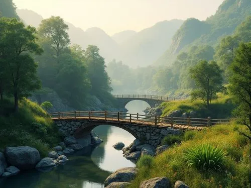 scenic bridge,wooden bridge,dragon bridge,huangshan,nantou,hushan,taroko,shaoming,hanging bridge,wudang,huangshan mountains,guizhou,stone bridge,japan landscape,adventure bridge,river landscape,landscape background,hangman's bridge,guilin,beautiful landscape,Photography,General,Realistic