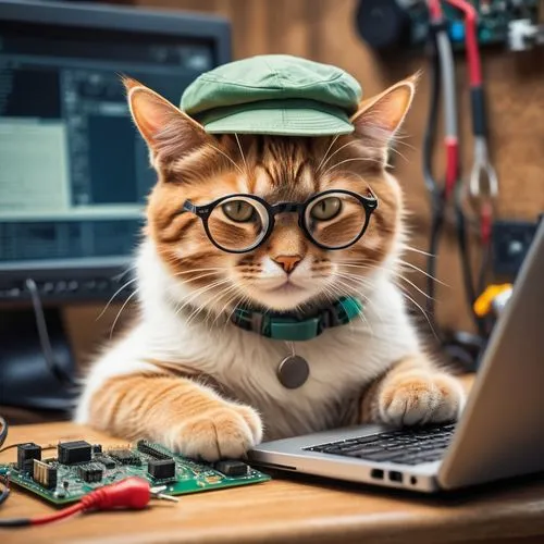 A whimsical and humorous illustration of a feline technician wearing a straw hat and glasses, expertly wielding a screwdriver to repair a computer circuit board. The cat's adorable and comical pose ad