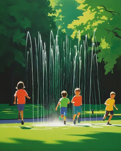 Craft a nostalgic summer GIF with children running through sprinklers in a green park.,happy children playing in the forest,child in park,water game,water balloons,fountains,children's background,chil