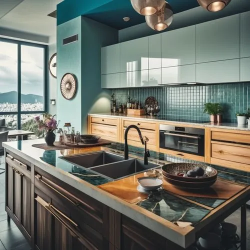 Luxury kitchen with 2 sinks and a work surface. Innovative design,a kitchen with blue walls and a kitchen countertop,modern kitchen interior,modern kitchen,tile kitchen,kitchen design,vintage kitchen,