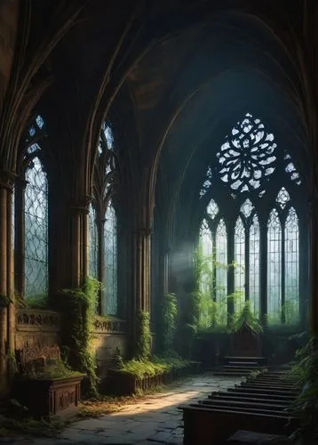 sanctuary,hall of the fallen,cathedrals,ruins,cathedral,hogwarts,rivendell,forest chapel,hammerbeam,haunted cathedral,sanctum,cloisters,gothic church,ruin,mausoleum ruins,cloistered,resting place,neogothic,monastery,diagon,Conceptual Art,Oil color,Oil Color 07