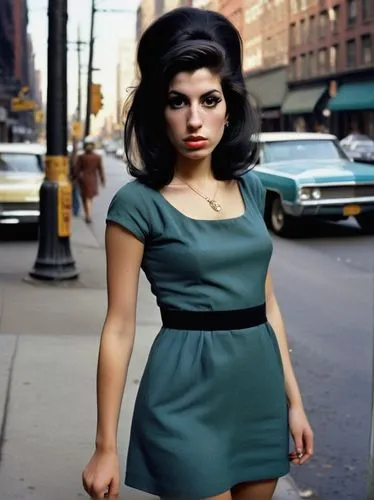 A very pretty young woman with a very strong Amy Winehouse-style eye line and short dress in 1969 in a New York street, full body photography,cigarette girl,60's icon,60s,green dress,retro woman,girl 