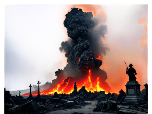 Hellish landscape, fiery inferno, apocalyptic scene, dark red skies, burning flames, lava flows, destroyed buildings, broken statues, smoke and fog, intense lighting, high contrast, cinematic composit