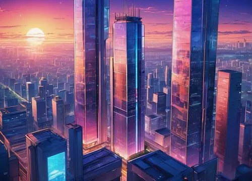 cybercity,cityscape,skyscrapers,metropolis,futuristic landscape,city skyline,skyscraper,cybertown,shinjuku,skyscraping,skyline,sky city,coruscant,ctbuh,fantasy city,tokyo city,capcities,skyscraper town,cityzen,urban towers,Illustration,Japanese style,Japanese Style 03