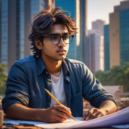 Modern architecture student, young adult, male, sitting at desk, glasses, messy hair, casual wear, holding pencil, architectural model, blueprints, Hyderabad cityscape, skyscrapers, traffic, bustling 