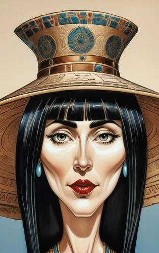 beautiful ancient priestess with bangs and long black hair dressed ancient dress and ancient hat,ancient egyptian girl,cleopatra,ancient egypt,the hat of the woman,ancient egyptian,asian conical hat,p