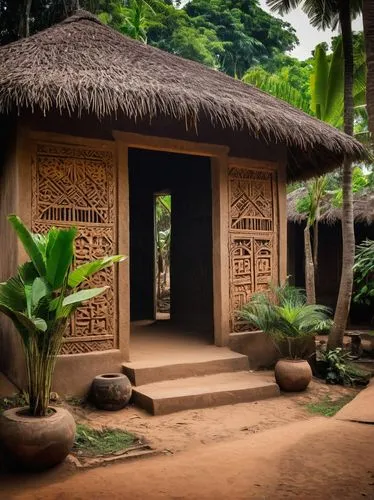 Ghanaian architecture, mud hut, thatched roof, earthy tones, wooden doors, intricate carvings, Adinkra patterns, colorful textiles, vibrant colors, African ornaments, lush greenery surroundings, tropi