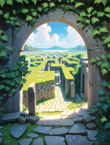 View through a stone triumphal arch, entwined with ivy, onto an unreal, surreal landscape. The landscape is a huge, geometric, rectangle labyrinth extending to the horizon. In the foreground is a rock