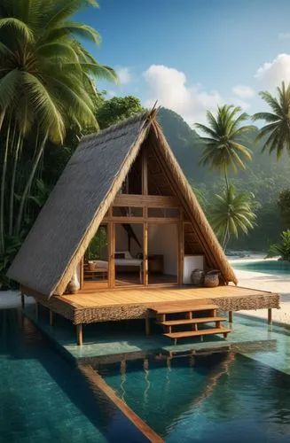 an A frame hut, with thatched roofing, bamboo floors, with coconut tree surroundings, an infinity pool,tropical house,floating huts,tropical island,holiday villa,pool house,tropical beach,seclude,moor