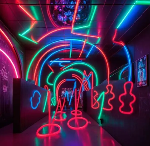 Interior with a barrel vault ceiling. It has neon lights of different colors which follow circuits across the walls and ceiling. The neon lights create cocacola bottles in the walls. At the end there 