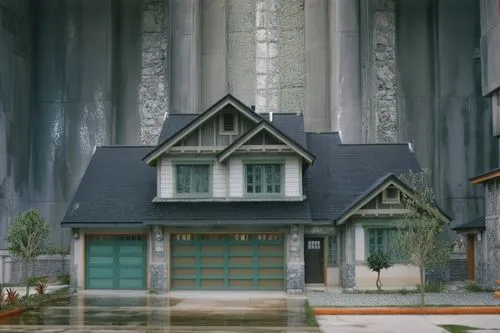 there is a very nice garage and a two car garage in front of a large building,dreamhouse,miniature house,cartoon video game background,winter house,studio ghibli,sylvania,Conceptual Art,Sci-Fi,Sci-Fi 