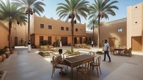 hotel architecture style in dammam, Saudi Arabia. The scene features a pocket outdoor space with seating, surrounded by tall palm trees and hanging lights. The buildings have traditional earthen-color