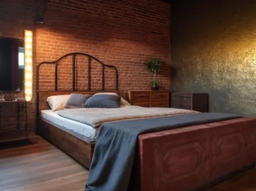 превратить стертую часть в стену с декоративной штукатуркой,the master bedroom features a brick accent wall and a built in nightstand,headboards,headboard,bedroom,loft,bedrooms,guestroom