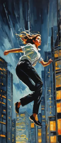 sprint woman,high-wire artist,flying girl,tightrope walker,tightrope,baguazhang,dance with canvases,sci fiction illustration,daredevil,skycraper,leaping,taijiquan,oil painting on canvas,skipping,leap for joy,kite flyer,painting technique,leap,woman playing,woman playing tennis,Conceptual Art,Oil color,Oil Color 08