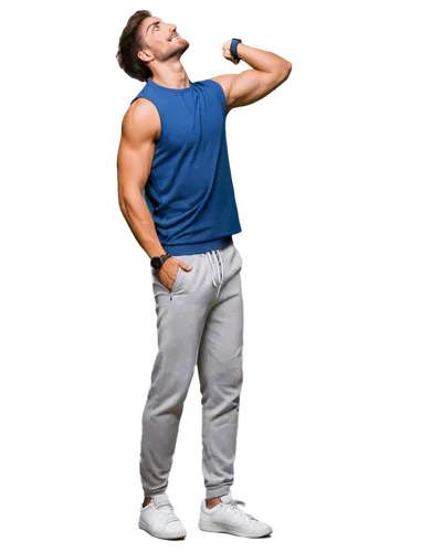 Fit male body, athletic build, muscular chest, defined abs, strong arms, toned legs, sporty hairstyle, minimal facial hair, bright eyes, subtle smile, casual wear, sleeveless shirt, sweatpants, sneake