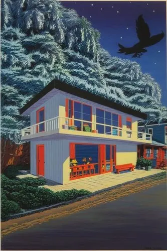 matruschka,holiday motel,mid century house,night scene,holiday home,beach house,motel,night bird,drive in restaurant,bungalow,real-estate,mid century modern,nocturnal bird,inverted cottage,dunes house