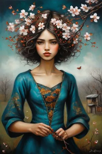 viveros,mystical portrait of a girl,girl with tree,persephone,girl in flowers,behenna,Illustration,Realistic Fantasy,Realistic Fantasy 34