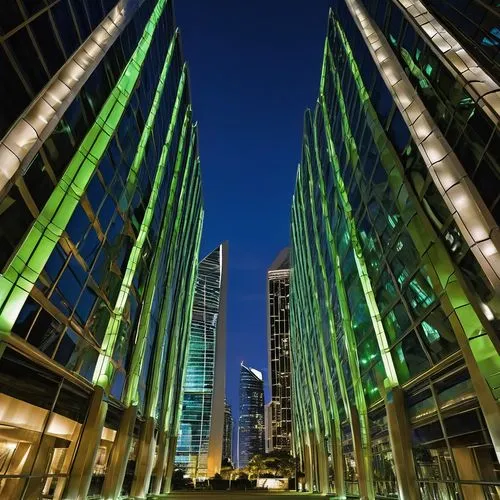 Reference architecture examples, futuristic skyscraper, modern cityscape, urban jungle, night view, neon lights reflecting off glass windows, steel beams, concrete pillars, complex geometric shapes, i