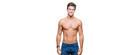 Muscular man, cover model, shirtless, athletic build, six-pack abs, strong jawline, messy short hair, bright blue eyes, charming smile, confident posture, standing with hands on hips, low-angle shot, 