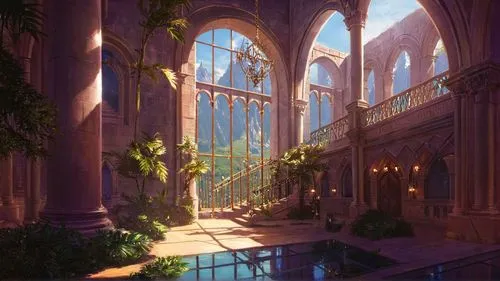 the building has multiple arches and arches on either side of the pool,conservatory,atriums,aqua studio,dandelion hall,greenhouse,hall of the fallen,Conceptual Art,Fantasy,Fantasy 17