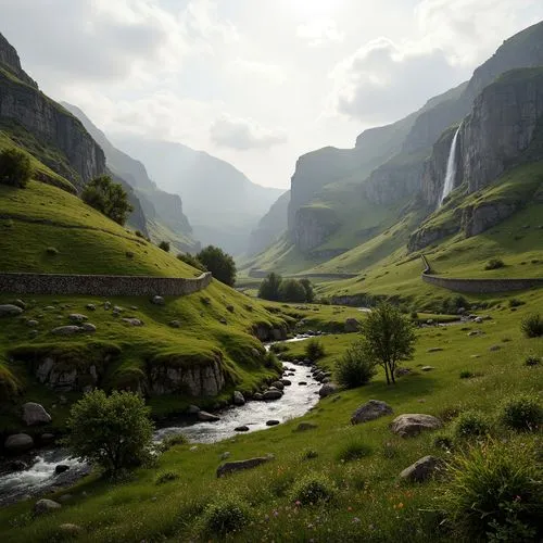 \Serene valley landscape, rolling hills, lush green meadows, rustic stone walls, wooden fences, winding streams, waterfalls, misty atmosphere, foggy mornings, warm sunlight, soft grass textures, natur