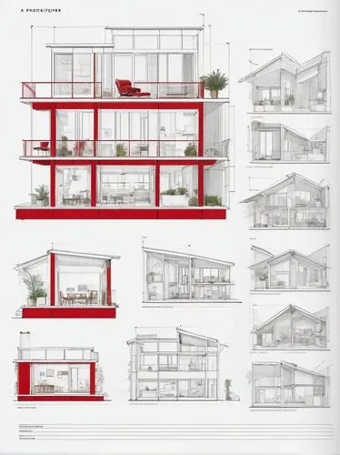 Architecture design sheet, A4 size, horizontal layout, white background, blueprints, multiple floor plans, detailed sections, elevations, 3D perspective views, modern minimalist aesthetic, simple bold