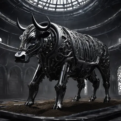 In a futuristic world, describe a high-tech machine that converts cow dung into energy.,tribal bull,armored animal,minotaur,capitoline wolf,bull,uintatherium,black rhinoceros,oxcart,aurochs,horned cow