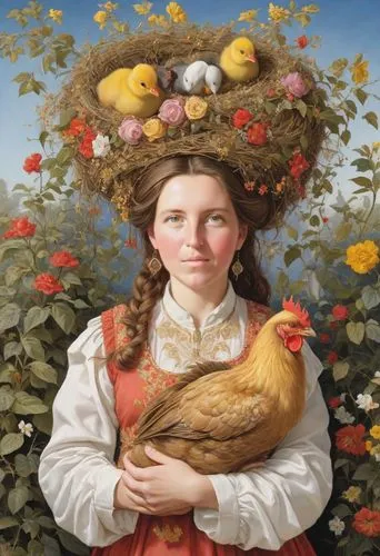 portrait of a hen,girl with bread-and-butter,hen,bornholmer margeriten,the hen,woman holding pie