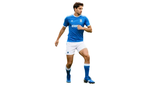 Jose Felix Ribas, Argentinian footballer, solo, (30yo), short hair, athletic build, muscular arms, white jersey, blue shorts, football shoes, ball at feet, kicking pose, outdoor stadium, warm sunlight