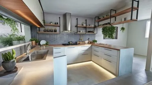 the kitchen is nicely lit and has shelves, pots, plants, and bottles,kitchen design,modern kitchen interior,kitchen interior,modern kitchen,tile kitchen,kitchen,Photography,General,Realistic