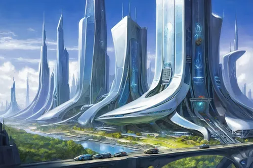 futuristic landscape,futuristic architecture,fantasy city,fantasy landscape,ancient city,fantasy world,futuristic art museum,terraforming,imperial shores,sky city,metropolis,arcanum,futuristic,alien world,aurora village,utopian,sci fiction illustration,sky space concept,city cities,scifi,Illustration,Retro,Retro 20