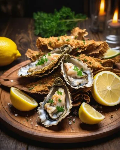 Crispy fried oyster skins, golden brown, sprinkled with sea salt, served on a wooden plate, surrounded by lemon wedges, parsley garnish, rustic seafood restaurant, dim warm lighting, soft focus, shall