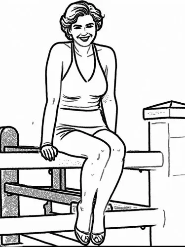 a woman sitting on the rail with a smile,woman sitting,girl sitting,comic halftone woman,storyboard,coloring page,rotoscoped,Design Sketch,Design Sketch,Rough Outline