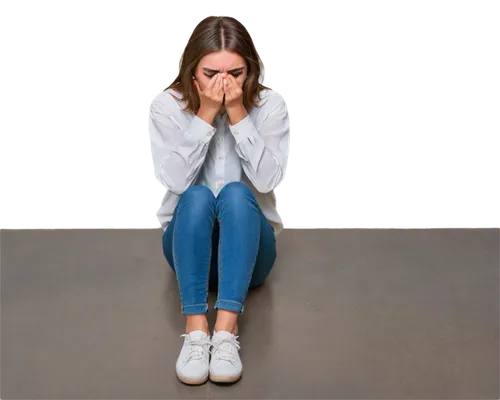 upset girl, crying, tears falling, red eyes, messy brown hair, light blush, simple white shirt, blue jeans, sneakers, sitting on floor, legs bent, hands covering face, emotional, soft lighting, shallo