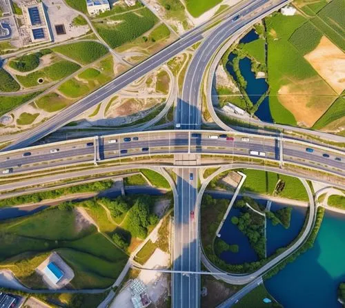 Road, roundabout, concrete bridge, top view, highway ,a highway intersection is shown from above,interchanges,superhighways,highway roundabout,infrastucture,interchange,infrastructures,Photography,Gen