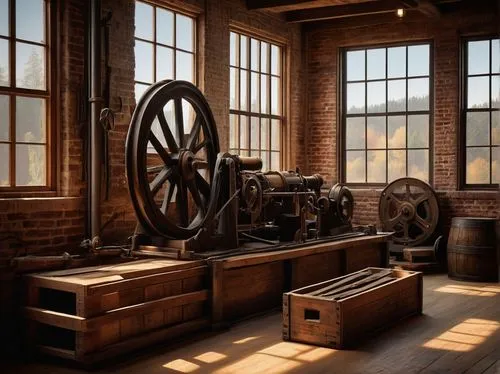 Skagit, architectural, millwork, rustic wooden beams, vintage machinery, exposed brick walls, industrial chic, distressed textures, natural light pouring through large windows, old pulleys and gears, 