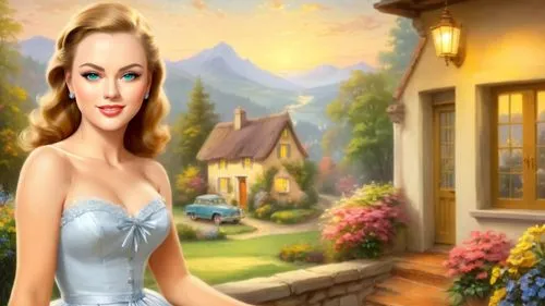 masterpiece oil painting, cute dainty dress, retro vintage style, 1950's style nostalgic kitsch scene, cozy quaint scenery, highly detailed, by Thomas Kinkade,a painting of a beautiful woman in front 